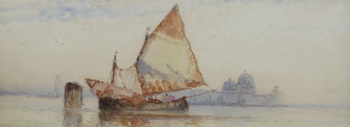 Frederick James Aldridge (1850-1933), three watercolours, Shipping off Venice, Fishing boats at sea and Ship in harbour, 7 x 17cm and 14 x 10cm